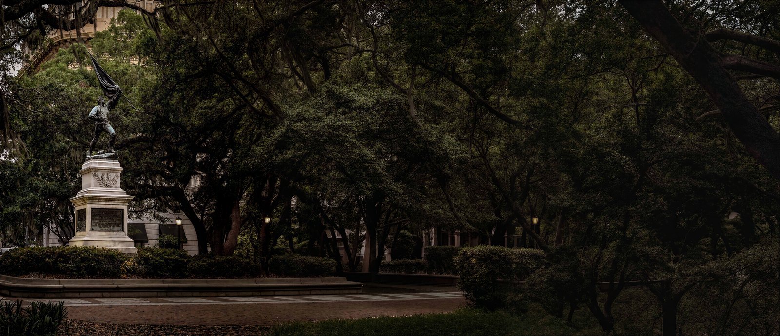 Savannah monument beneath live oak trees, photographed by C. Scott Stephens