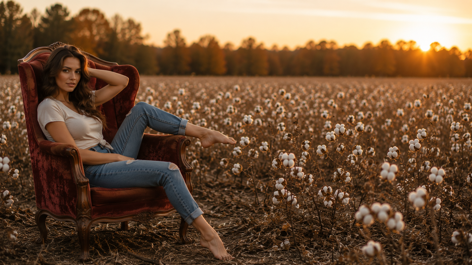 Portrait in a cotton field at golden hour