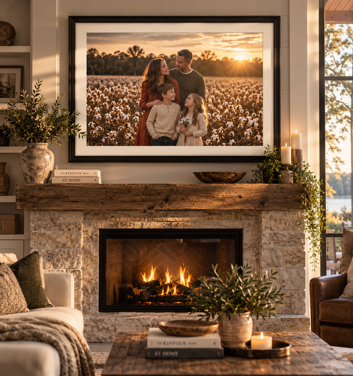 A finished family cotton field portrait, matted and framed over a fireplace