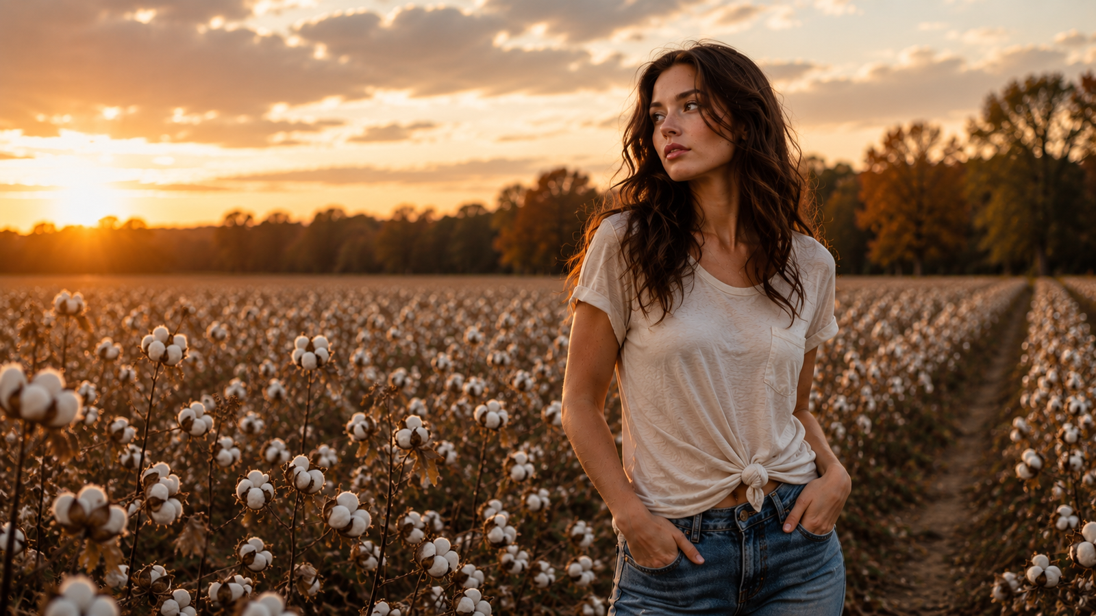 Fall portrait session in a cotton field at sunset