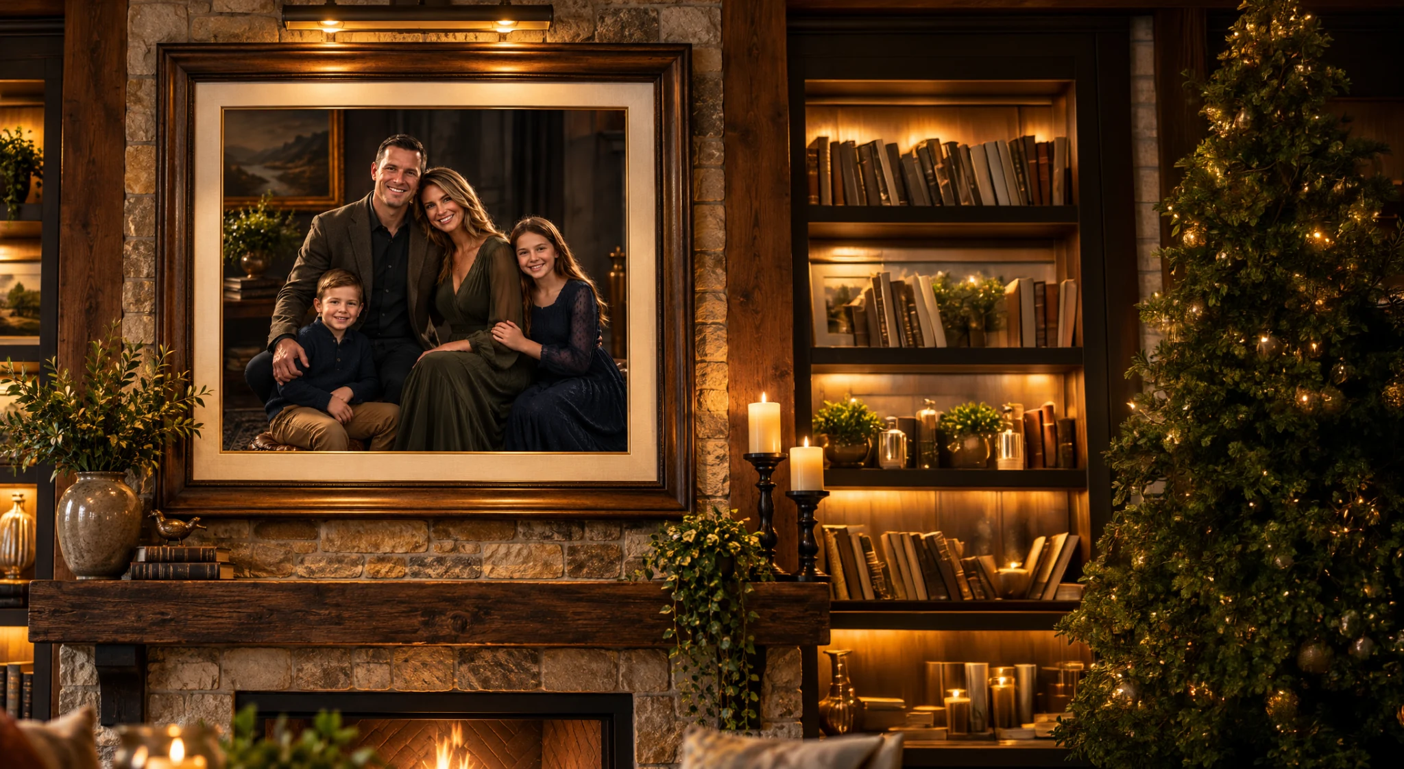 Framed family portrait displayed above a fireplace in a warm Southern home