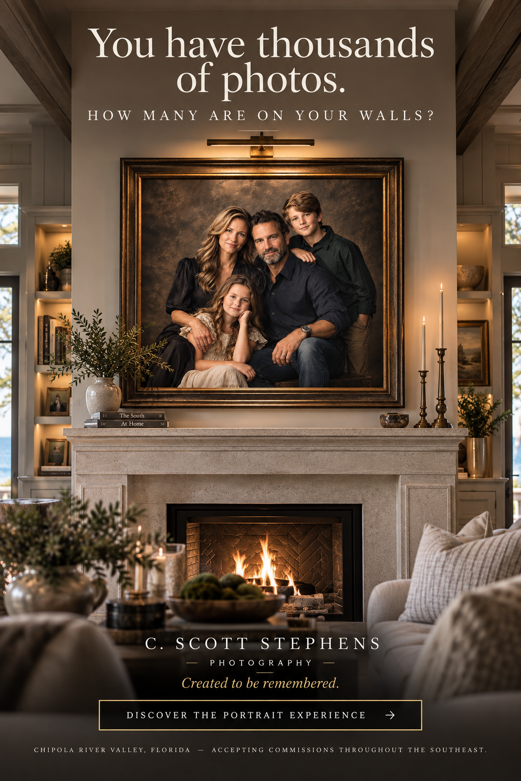 A finished family portrait displayed above a fireplace in a beautifully appointed home