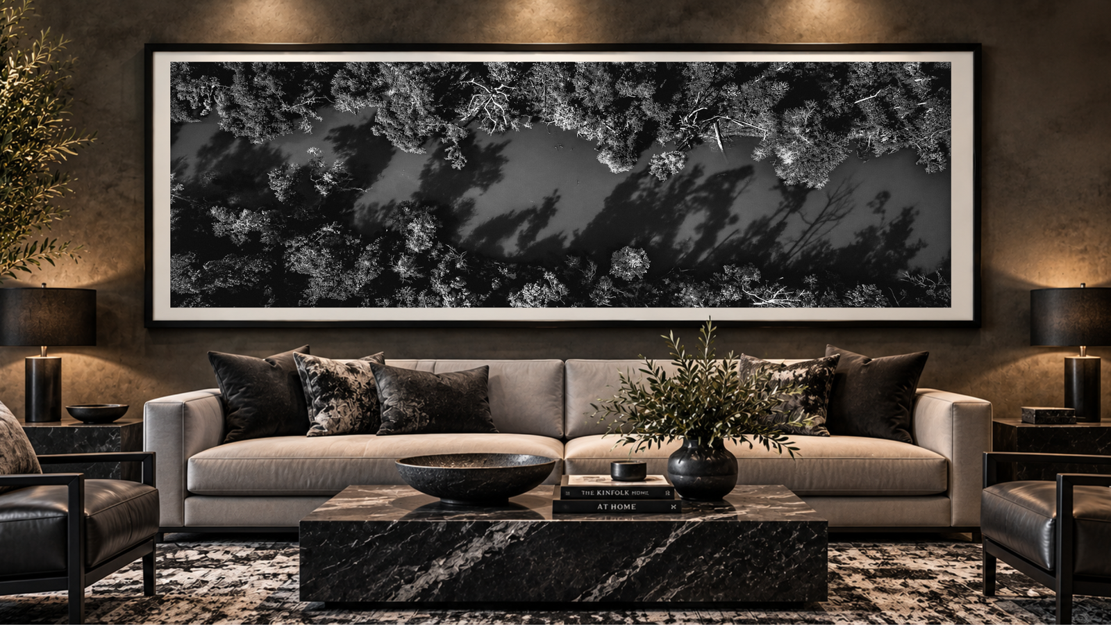 River Shadows displayed as large finished photographic artwork in an elegant residential interior